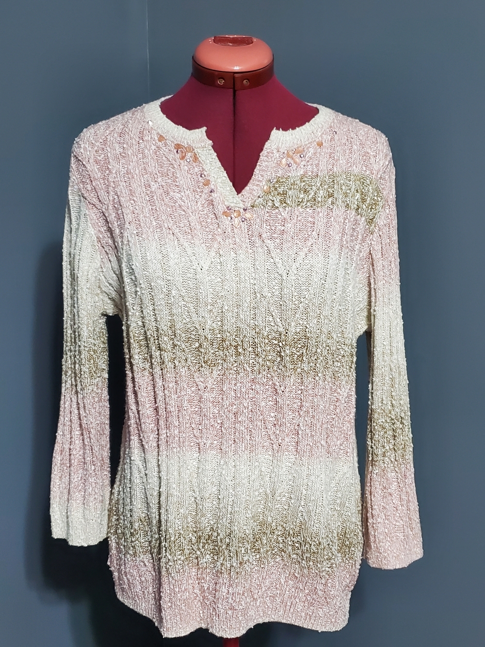 Alfred Dunner Pink Cream Beige Striped Knit Pullover 3/4 Sleeve Women's Size S